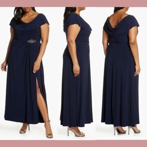 NWT $219 Alex Evenings [ 18 ] Cowl Neck Beaded Waist‎ Gown Blue #q924